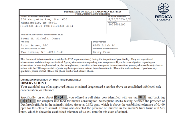 FDA 483 - Irish Acres, LLC [Two Rivers / United States of America] - Download PDF - Redica Systems