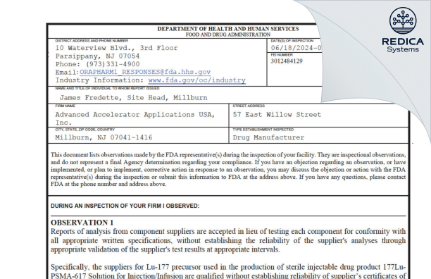 FDA 483 - Advanced Accelerator Applications USA, Inc. [Millburn / United States of America] - Download PDF - Redica Systems