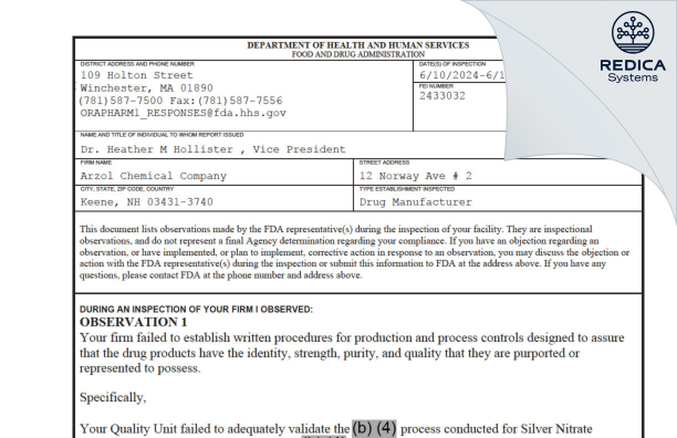 FDA 483 - Arzol Chemical Company [Keene / United States of America] - Download PDF - Redica Systems