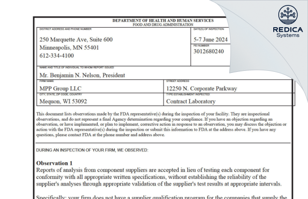 FDA 483 - MPP Group, LLC [Mequon / United States of America] - Download PDF - Redica Systems