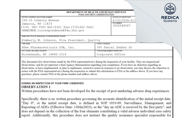 FDA 483 - XGen Pharmaceuticals DJB, Inc. [Horseheads / United States of America] - Download PDF - Redica Systems