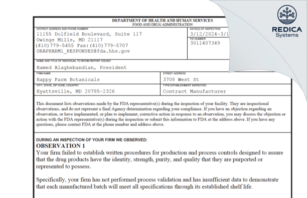 FDA 483 - Happy Farm Botanicals Inc. [Hyattsville / United States of America] - Download PDF - Redica Systems