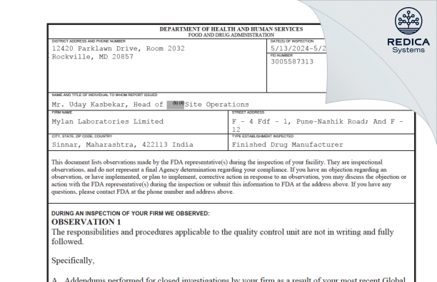 FDA 483 - Mylan Laboratories Limited [Sinnar / India] - Download PDF - Redica Systems