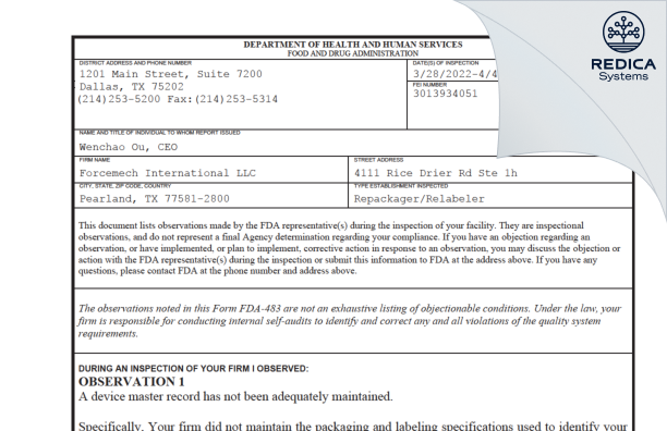 FDA 483 - Forcemech International LLC [Pearland / United States of America] - Download PDF - Redica Systems