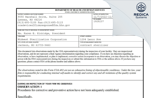 FDA 483 - Midwest Sterilization Corporation [Jackson / United States of America] - Download PDF - Redica Systems