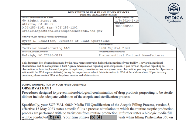 FDA 483 - Indivior Manufacturing LLC [Raleigh / United States of America] - Download PDF - Redica Systems