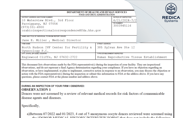 FDA 483 - North Hudson IVF Center for Fertility & Gynecology P.C. [Englewood Cliffs / United States of America] - Download PDF - Redica Systems