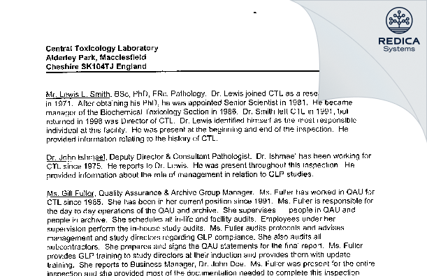 EIR - Central Toxicology Laboratory [Macclesfield / United Kingdom of Great Britain and Northern Ireland] - Download PDF - Redica Systems