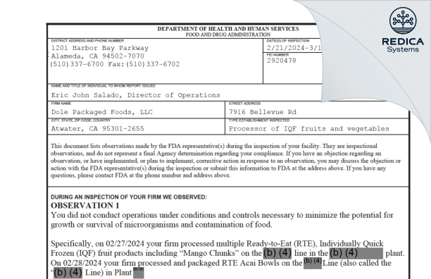 FDA 483 - Dole Packaged Foods, LLC [Atwater / United States of America] - Download PDF - Redica Systems