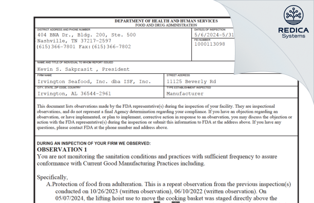 FDA 483 - Irvington Seafood, Inc. dba ISF, Inc. [Irvington / United States of America] - Download PDF - Redica Systems