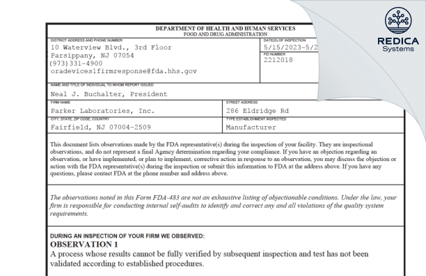 FDA 483 - Parker Laboratories, Inc. [Fairfield / United States of America] - Download PDF - Redica Systems