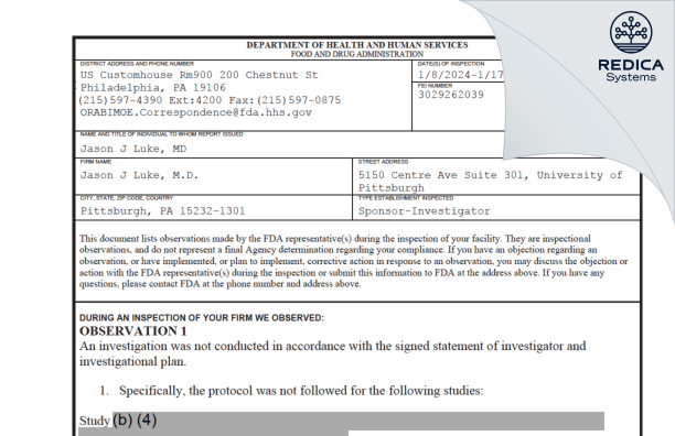 FDA 483 - Jason J Luke, M.D. [Pittsburgh / United States of America] - Download PDF - Redica Systems