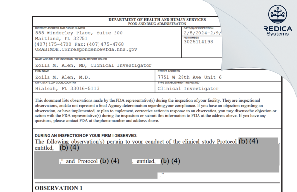 FDA 483 - Zoila M. Alen, M.D. [Hialeah / United States of America] - Download PDF - Redica Systems