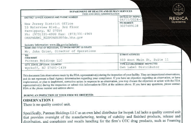 FDA 483 - Puresan Holdings, LLC [Wyckoff / United States of America] - Download PDF - Redica Systems