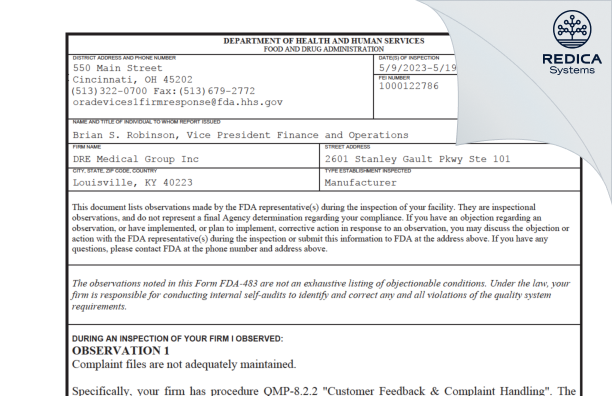 FDA 483 - DRE Medical Group Inc [Louisville / United States of America] - Download PDF - Redica Systems