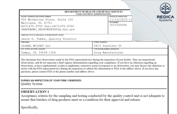 FDA 483 - Global Widget LLC [Tampa / United States of America] - Download PDF - Redica Systems