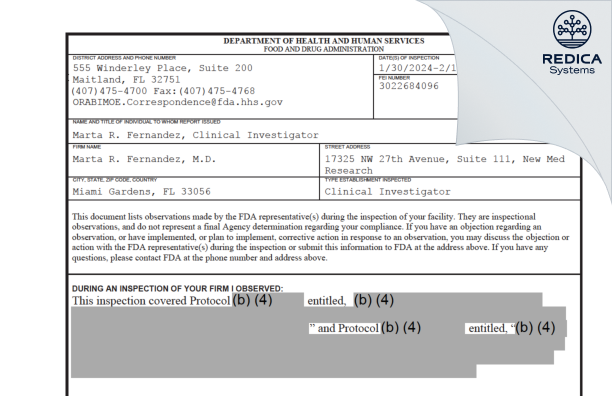 FDA 483 - Marta R. Fernandez, M.D. [Miami Gardens / United States of America] - Download PDF - Redica Systems