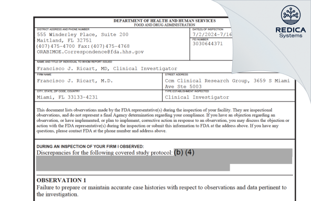 FDA 483 - Francisco J. Ricart, M.D. [Miami / United States of America] - Download PDF - Redica Systems