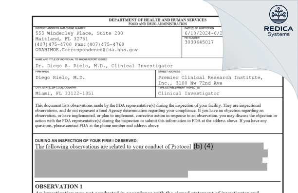 FDA 483 - Diego A. Rielo, M.D. [Miami / United States of America] - Download PDF - Redica Systems