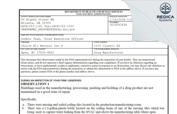 FDA 483 - Choice All Natural Inc D [Apex / United States of America] - Download PDF - Redica Systems