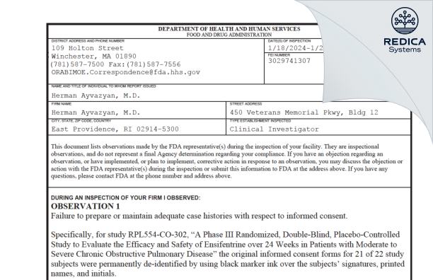 FDA 483 - Herman Ayvazyan, M.D. [East Providence / United States of America] - Download PDF - Redica Systems