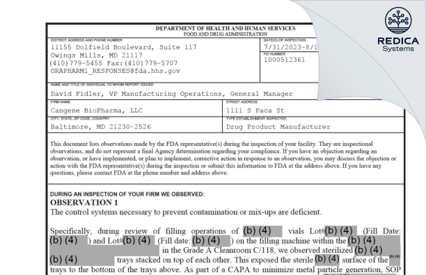 FDA 483 - Cangene BioPharma, LLC [Baltimore / United States of America] - Download PDF - Redica Systems