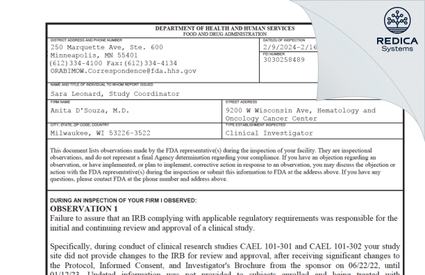 FDA 483 - Anita D'Souza, M.D. [Milwaukee / United States of America] - Download PDF - Redica Systems