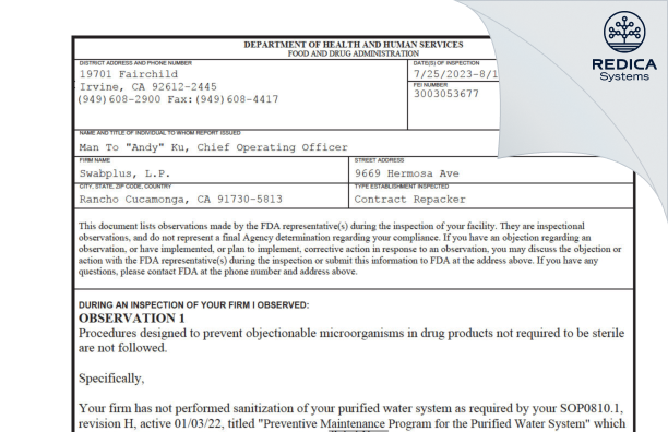 FDA 483 - Swabplus, L.P. [Rancho Cucamonga / United States of America] - Download PDF - Redica Systems