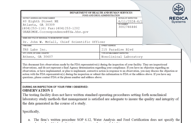 FDA 483 - TRS Labs Inc. [Athens / United States of America] - Download PDF - Redica Systems