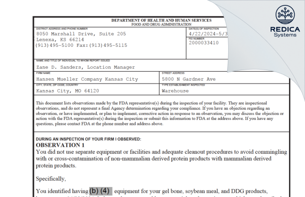 FDA 483 - Hansen Mueller Company Kansas City [Kansas City / United States of America] - Download PDF - Redica Systems