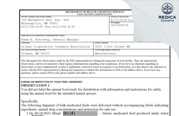 FDA 483 - Gilman Cooperative Creamery Association [Foley / United States of America] - Download PDF - Redica Systems