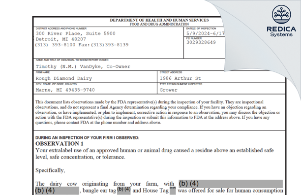 FDA 483 - Rough Diamond Dairy [Marne / United States of America] - Download PDF - Redica Systems