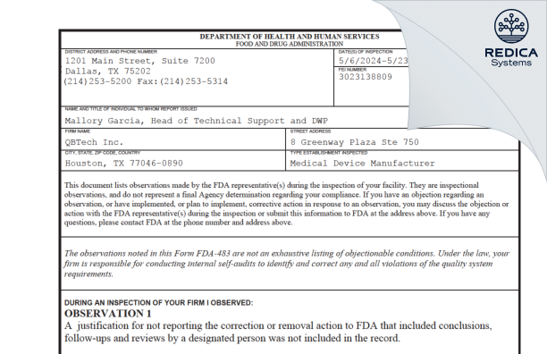 FDA 483 - QBTech Inc. [Houston / United States of America] - Download PDF - Redica Systems