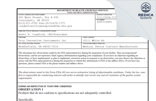 FDA 483 - Troy Innovative Instruments Inc [Middlefield / United States of America] - Download PDF - Redica Systems