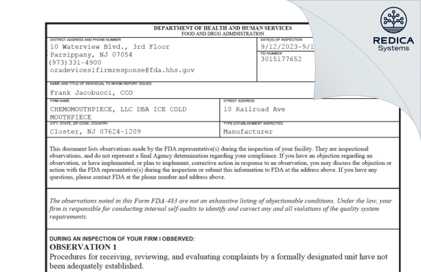 FDA 483 - CHEMOMOUTHPIECE, LLC DBA ICE COLD MOUTHPIECE [Closter / United States of America] - Download PDF - Redica Systems