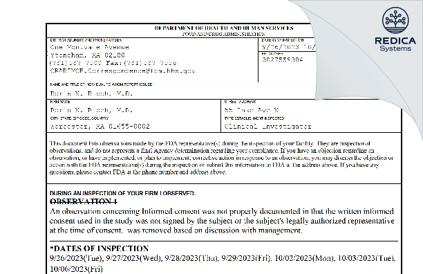 FDA 483 - Boris N. Bloch, M.D. [Worcester / United States of America] - Download PDF - Redica Systems