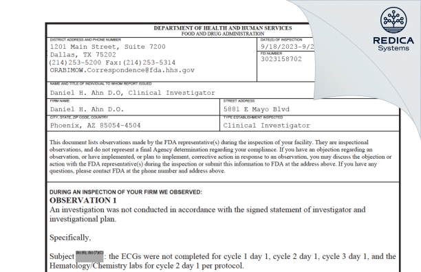 FDA 483 - Daniel H. Ahn D.O. [Phoenix / United States of America] - Download PDF - Redica Systems