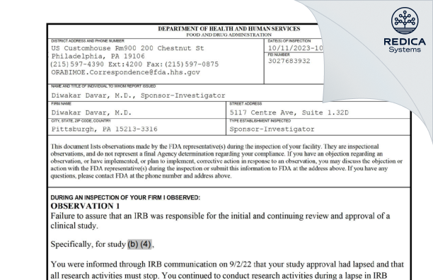 FDA 483 - Diwakar Davar, M.D. [Pittsburgh / United States of America] - Download PDF - Redica Systems