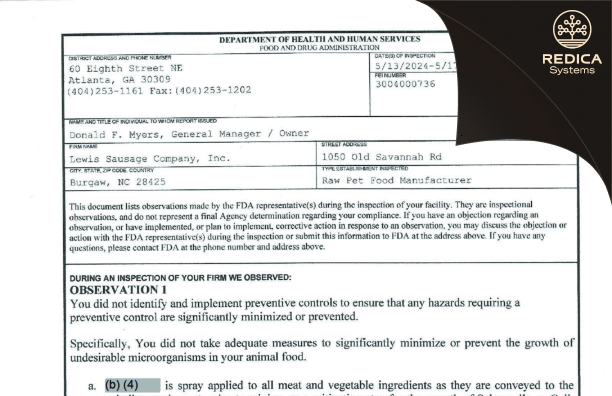 FDA 483 - Lewis Sausage Company, Inc. [Burgaw / United States of America] - Download PDF - Redica Systems