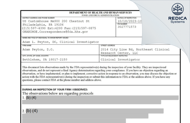 FDA 483 - Adam Peyton, D.O. [Bethlehem / United States of America] - Download PDF - Redica Systems