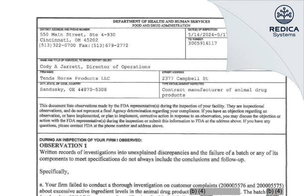 FDA 483 - Tenda Horse Products LLC [Sandusky / United States of America] - Download PDF - Redica Systems