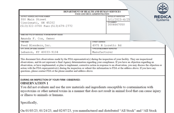 FDA 483 - Feed Blenders,Inc. [Lebanon / United States of America] - Download PDF - Redica Systems