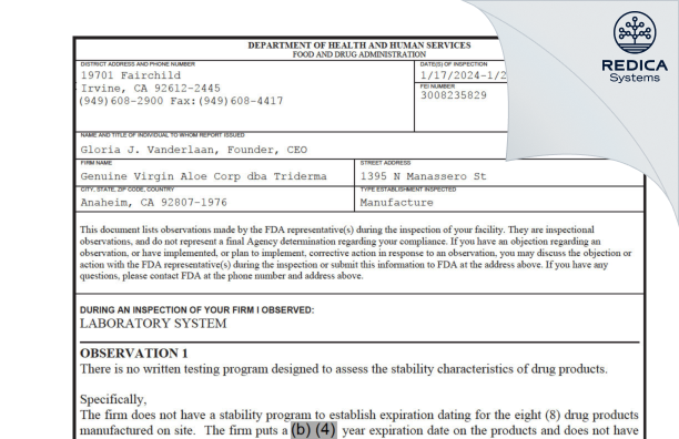 FDA 483 - Genuine Virgin Aloe Corporation [Anaheim / United States of America] - Download PDF - Redica Systems