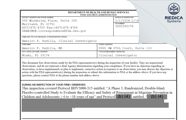 FDA 483 - Americo F. Padilla, MD [Miami / United States of America] - Download PDF - Redica Systems