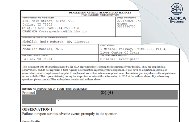 FDA 483 - Abdullah Mubarak, M.D. [Dallas / United States of America] - Download PDF - Redica Systems