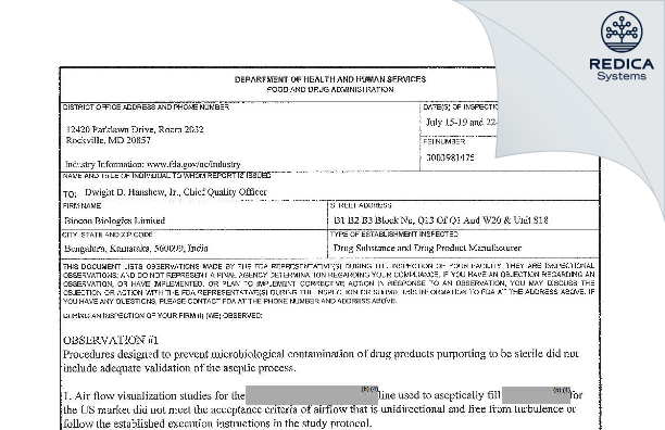 FDA 483 - Biocon Biologics Limited [Bengaluru / India] - Download PDF - Redica Systems