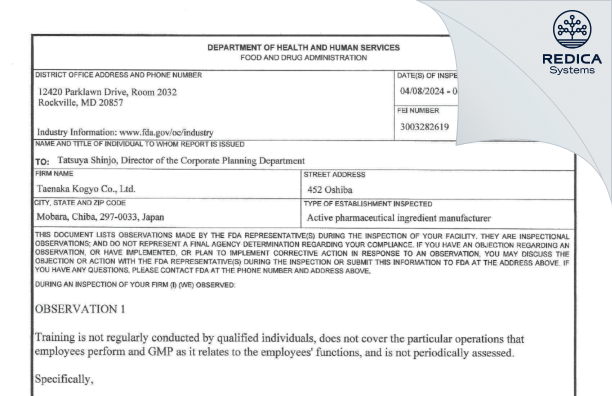 FDA 483 - Taenaka Kogyo Co., Ltd. [Oshiba / Japan] - Download PDF - Redica Systems