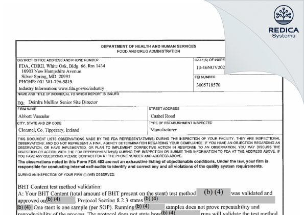 FDA 483 - Abbott Vascular [Clonmel / Ireland] - Download PDF - Redica Systems