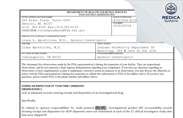 FDA 483 - Liana Apostolova, M.D. [Indianapolis / United States of America] - Download PDF - Redica Systems