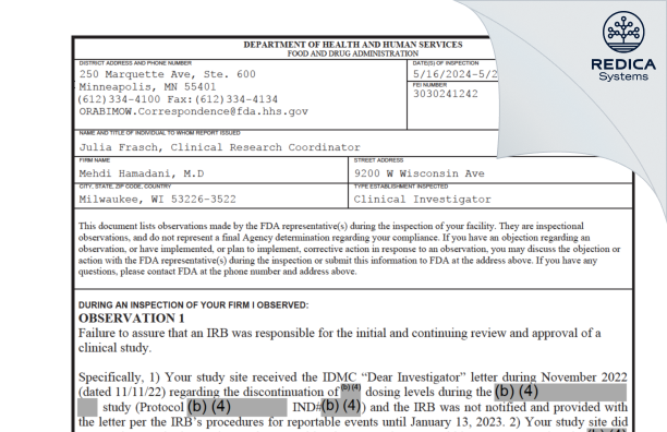 FDA 483 - Mehdi Hamadani, M.D [Milwaukee / United States of America] - Download PDF - Redica Systems